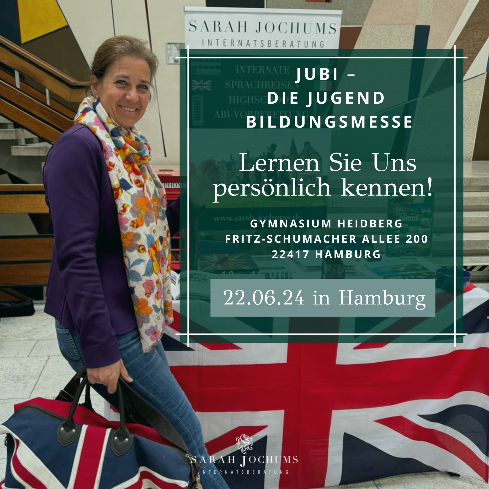 Bereit, deine Zukunft mit in die Hand zu nehmen?
Wir freuen uns, Dich und Euch in Hamburg auf der JuBi am 22.6.24 im Gymnasium Heidberg begrüßen zu können. Lass dich von unserer Expertise inspirieren und finde heraus, welche vielfältigen Möglichkeiten es rund um das Thema Schüleraustausch in Großbritannien und Irland auf dich warten.
Wir freuen uns auf viele Fragen & Gespräche!
Tickets sind (kostenlos) online erhältlich, ansonsten sind spontane Besuche natürlich auch möglich!
🕐 22.06.2024, 10-16 Uhr
🏫 Gymnasium Heidberg
Fritz-Schumacher Allee 200
22417 Hamburg
😊 Der Eintritt ist kostenlos!