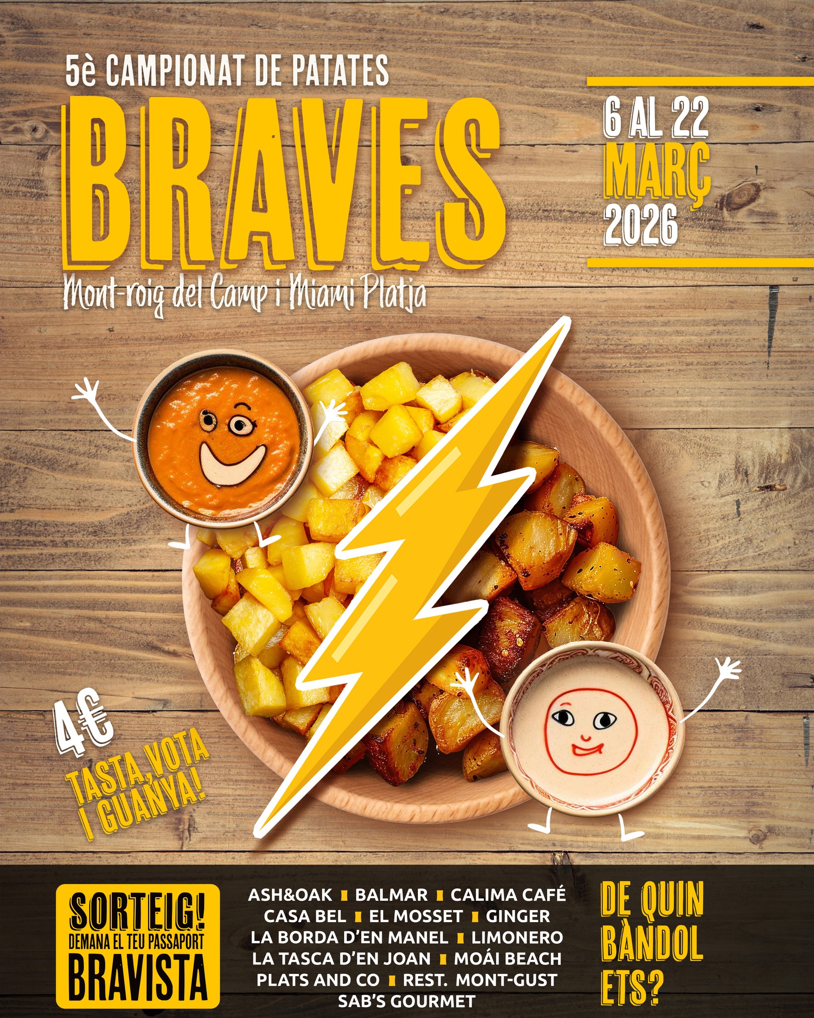 🥔 S’apropa una nova edició del Campionat de Patates Braves de Mont-roig i Miami. Els xefs locals ho tenen tot a punt per sorprendre’ns amb les seves salses i textures en aquesta competició amistosa. Cada establiment presentarà la seva versió única d’aquest clàssic, plena de creativitat i sabor.
🏆 I, com cada any, a través de les vostres votacions, hi ha en joc el guardó a les millors patates braves del municipi, així com premis per als amants de les braves que segellin el passaport bravista.
🔥 Que comenci la competició!
📆 Del 6 al 22 de març
👉 Més informació a l’enllaç de la biografia.
-
🥔 Se acerca una nueva edición del Campeonato de Patatas Bravas de Mont-roig y Miami. Los chefs locales lo tienen todo a punto para sorprenderte con sus salsas y texturas en esta competición amistosa. Cada establecimiento presentará su versión única de este clásico, llena de creatividad y sabor.
🏆 Y, como cada año, a través de tus votaciones, está en juego el galardón a las mejores patatas bravas del municipio, así como premios para los amantes de las bravas que sellen el pasaporte bravista.
🔥 ¡Que empiece la competición!
📆 Del 6 al 22 de marzo
👉 Más información en el enlace de la biografía.
#montroigmiamiturisme #miamiplatja #montroigdelcamp