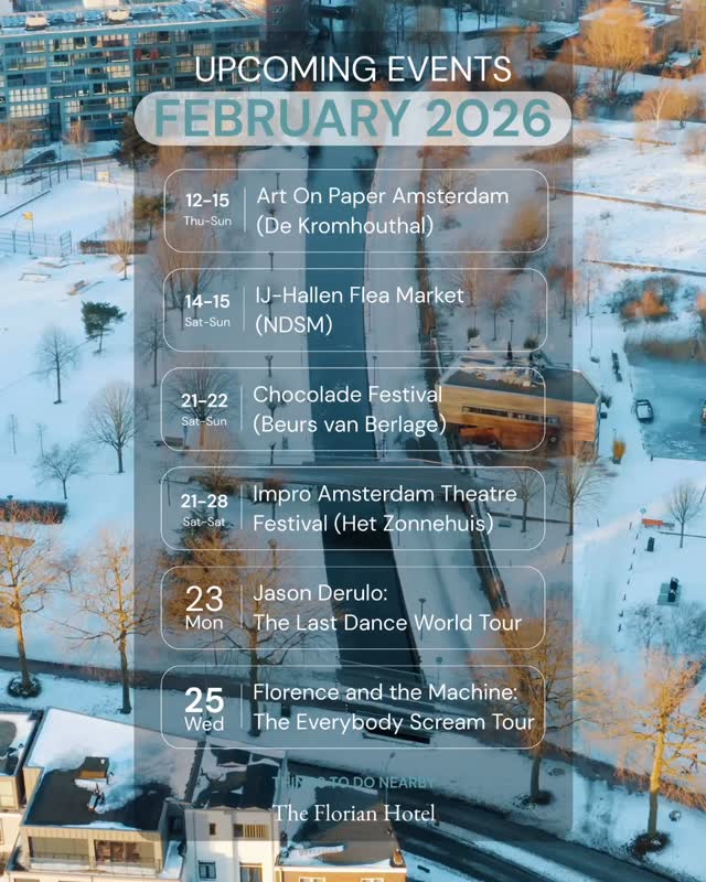 ✨ What’s happening near The Florian Hotel this February? ✨
If you’re staying with us (or planning to), you’re perfectly located to enjoy some of Amsterdam’s best events this month ??
? 12–15/02 — Art On Paper Amsterdam
? De Kromhouthal
? 13–15/02 — Valentine’s Day at The Florian Hotel
? The Florian Hotel
?️ 14–15/02 — IJ-Hallen Flea Market
? NDSM
? 21–22/02 — Chocolate Festival Amsterdam
? Beurs van Berlage
? 21–28/02 — Impro Amsterdam Theatre Festival
? Het Zonnehuis
? 23/02 — Jason Derulo: The Last Dance World Tour
? Ziggo Dome
? 25/02 — Florence and the Machine: The Everybody Scream Tour
? Ziggo Dome
#TheFlorianHotel #AmsterdamEvents #FebruaryInAmsterdam #WhatsOnAmsterdam #HotelLife