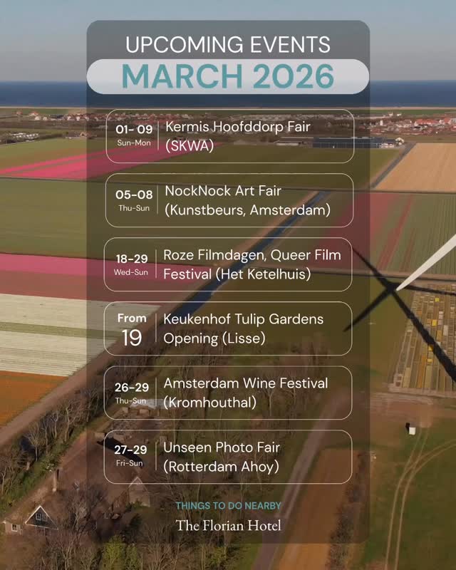 What’s happening near The Florian Hotel this March?
Staying with us (or planning to)? You’re in the perfect spot to enjoy some amazing events in Amsterdam and nearby ??
? 1–9/03 — Kermis Hoofddorp Fair
? Sportcomplex Koning Willem-Alexander (SKWA) @kermis_hoofddorp
?️ 5–8/03 — NockNock Art Fair
? Kunstbeurs, Amsterdam @nocknock.art
? 18–29/03 — Roze Filmdagen: Amsterdam Queer Film Festival
? Het Ketelhuis, Movie Theater & Bar @rozefilmdagen
? From 19/03 — Keukenhof Tulip Gardens Opening
? Lisse, the world’s largest flower gardens @visitkeukenhof
? 26–29/03 — Amsterdam Wine Festival
? Kromhouthal @amsterdamwinefestival
? 27–29/03 — Unseen Photo Fair
? Rotterdam Ahoy — discover contemporary photography @unseenphotofair
#TheFlorianHotel #AmsterdamEvents #MarchInAmsterdam #WhatsOnAmsterdam #HotelLife