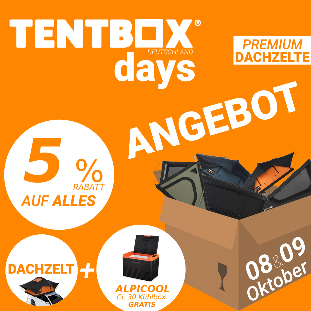 ❤️Bald ist es wieder so weit unsere Tentbox Days sind im Anmarsch! ❤️
Sichert euch Grandiose 5% auf alle Tentbox Artikel in unserem Shop.⛺
Zusätzlich gibt es bei jeder Dachzelt Bestellung eine Alpicool Kompressor Kühlbox Gratis dabei!?
Das Angebot gilt nur am 08 - 09 Oktober 2024. Vorbestellungen via Telefon oder E-Mail / Whatsapp ? werden gerne schon früher bearbeitet :-)
?Der goldene Oktober wartet auf euch! Ihr habt Angst das euch zu kalt werden könnte? Dann bestellt unser Thermo Innenzelt gleich einfach mit! ❄
Bei Fragen zu unseren Produkten schreibt uns einfach oder ruft an!?
❤️Euer Dachzelt Sauerland Team❤️
PS: Um zu bestellen braucht ihr unseren mega ausgefallenen Code : Tentbox5