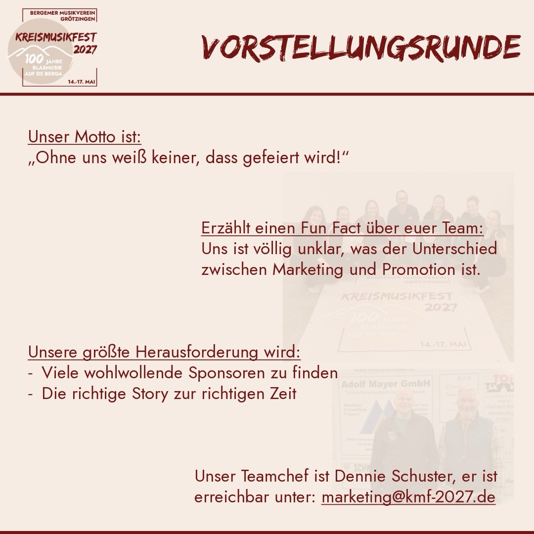 ⬆️⬆️⬆️
Ohne das Team Marketing, Sponsoring und Promotion
wüsste vermutlich kaum jemand, dass das KMF 2027 bei uns stattfindet und das nötige Kleingeld würde uns auch fehlen. ;)
Lasst ein ❤️ für das Team da.
