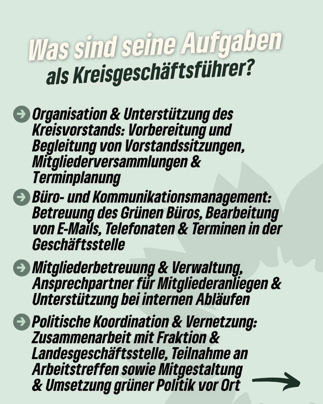 📣 Wer organisiert eigentlich die Abläufe hinter unserem Kreisverband?
Heute stellt sich Felix vor – und gibt einen Einblick in seine Aufgaben als Kreisgeschäftsführer (KGF):
💚 Organisation & Unterstützung des Kreisvorstands
💚 Vorbereitung und Begleitung von Vorstandssitzungen, Mitgliederversammlungen & Terminen
💚 Büro- und Kommunikationsmanagement in der Geschäftsstelle
💚 Ansprechpartner für Mitglieder & Unterstützung interner Abläufe
💚 Politische Koordination und Vernetzung mit Fraktion & Landesgeschäftsstelle
Seit 2022 bei den Grünen aktiv – mit Interesse an Nachhaltigkeit, Energiewende und immer mit Blick auf gute Zusammenarbeit vor Ort. 🌻
Danke für deinen Einsatz, Felix!
#erfurt #grüneerfurt #kreisgeschäftsführer #grüne #kommunalpolitik
