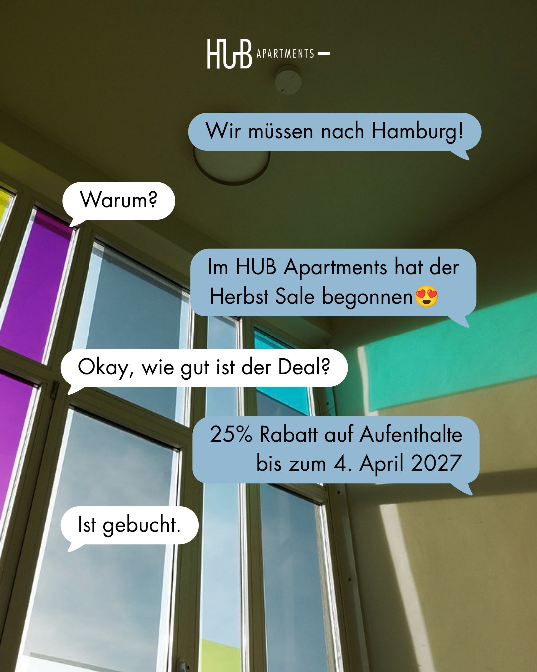 Bei diesem Angebot kann man gar nicht anders, als direkt zu buchen. ?✨
Ob spontane Auszeit, Tapetenwechsel oder einfach ein bisschen mehr Zeit für Hamburg: Im HUB Apartments St. Georg oder Harburg sicherst du dir ab zwei Nächten 25% Rabatt auf deinen Aufenthalt.
Buchbar bis zum 01.11.2026
Reisezeitraum bis zum 04.04.2027
So geht’s: Wähle bei der Buchung das Angebot „GOLD25“ aus. Einen Code brauchst du nicht.
Angebot auswählen, Apartment sichern und auf Hamburg freuen. ?